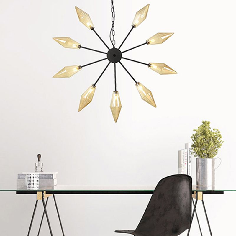 6/9/12 Lights Chandelier Lamp Industrial Sputnik Amber/Clear Glass Ceiling Light Fixture in Black/Copper/Chrome