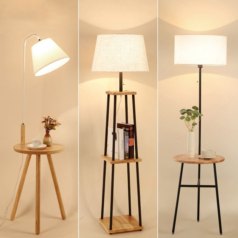 Cono de tela/tambor/luz de piso cónica moderna 1 bulbo negro/blanco/madera lámpara de pie con mesa/rejilla de almacenamiento para sala de estar