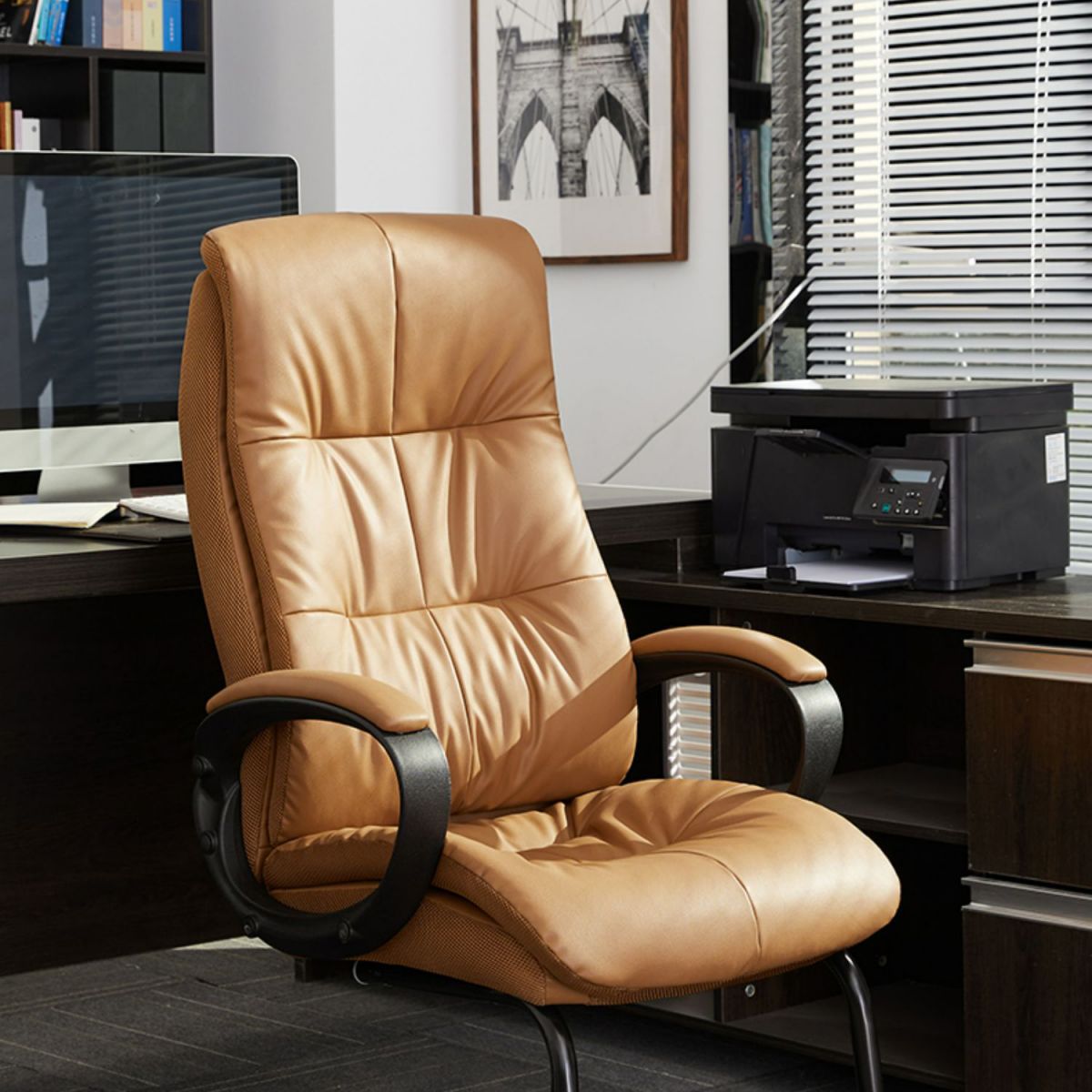 Fixed Arms Office Chair Leather No Distressing Ergonomic Desk Chair