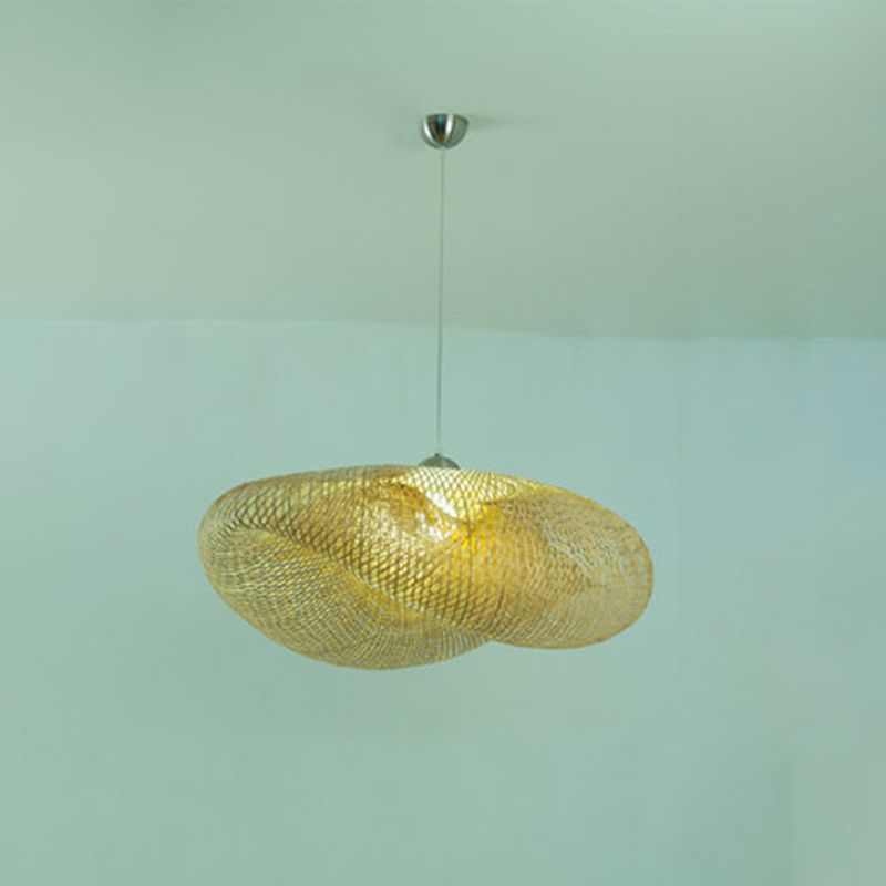 Log Color Geometric Pendant Light in Asian Style Bamboo Weaving Hanging Lamp for Commercial Place