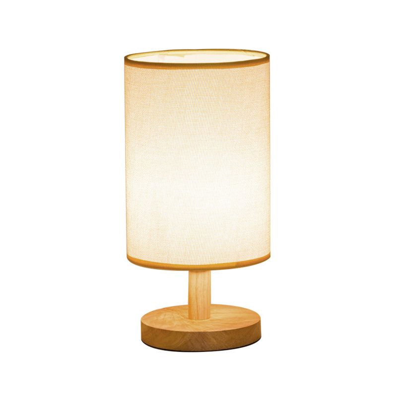 Fabric Cylinder Task Lighting Japanese 1 Bulb Reading Lamp in White/Flaxen with Wood Base