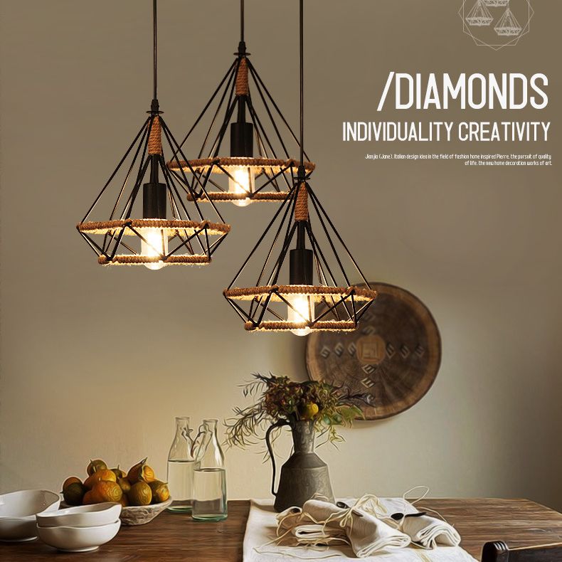 1 Light Diamond Cage Hanging Techo Lights Lights Lights Lights Lights de metal industrial para restaurante