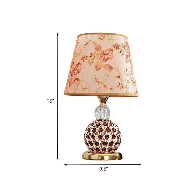 Floral Fabric Tan Table Light Tapered Shade 1 Head Countryside Nightstand Lamp with Crystal Embedded Ball Base