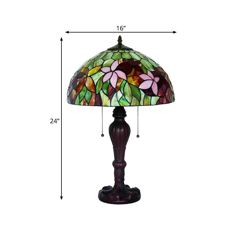 2 Bulbs Pull-Chain Nightstand Light Tiffany Bowl Stained Floral Glass Table Lamp in Bronze