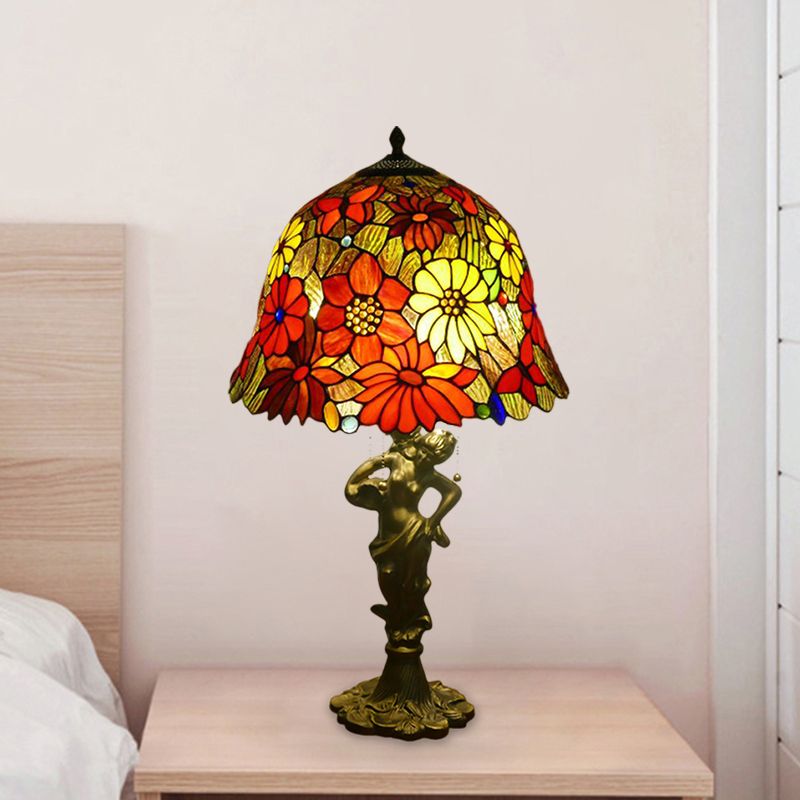 3 Heads Bell/Scalloped Night Lighting Baroque Gold Stained Glass Flower Patterned Task Lamp with Resin Naked Woman