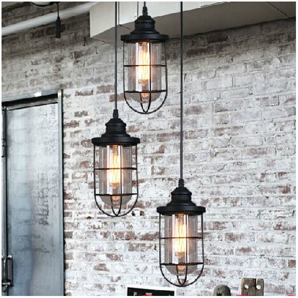 2/3 Bulbs Caged Multiple Lamp Pendant Industrial Black Clear Glass Hanging Light Kit, Linear/Round Canopy