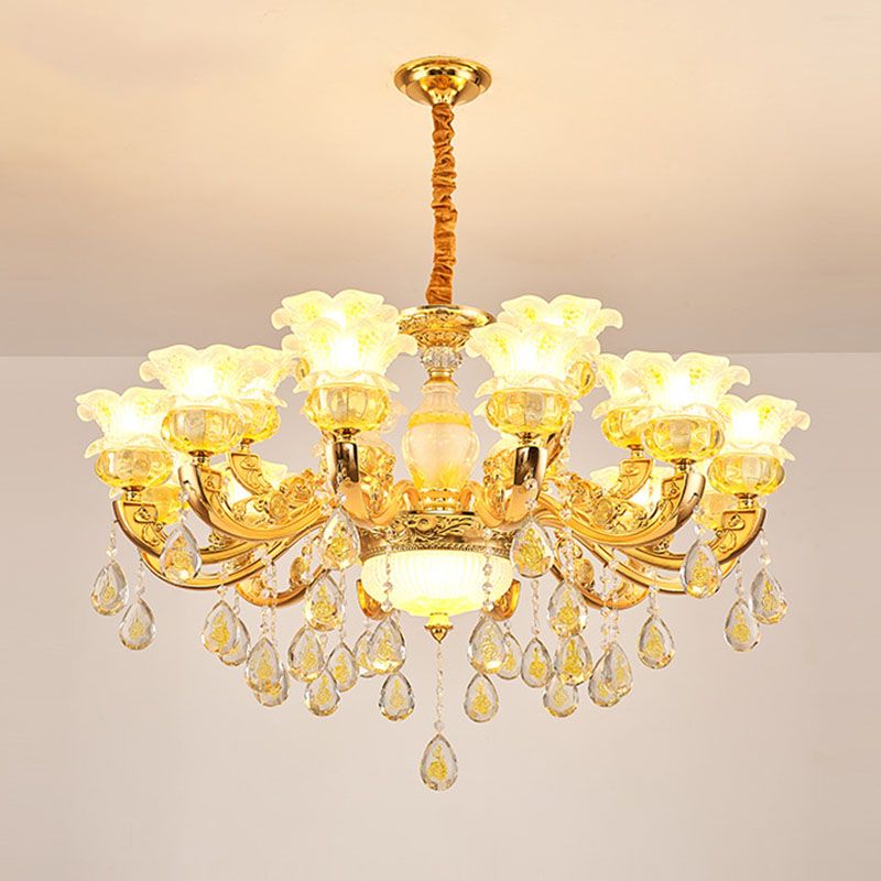 Floral K9 Crystal Drop Lamp Contemporary Gold Chandelier Light Fixture for Bedroom