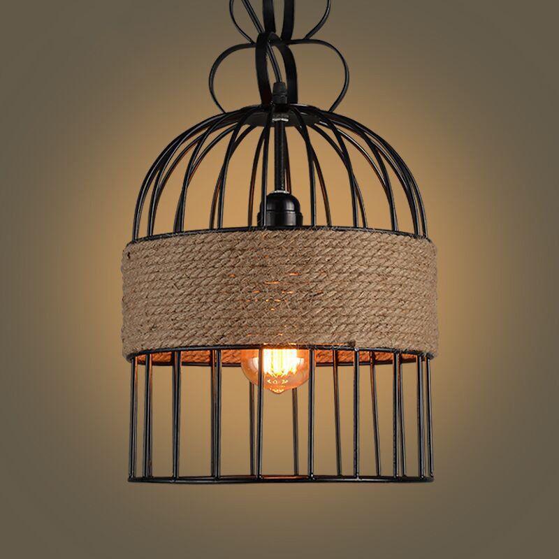 Vintage Birdcage Hanging Lamp Single-Bulb Iron Lighting Pendant with Hemp Rope in Black