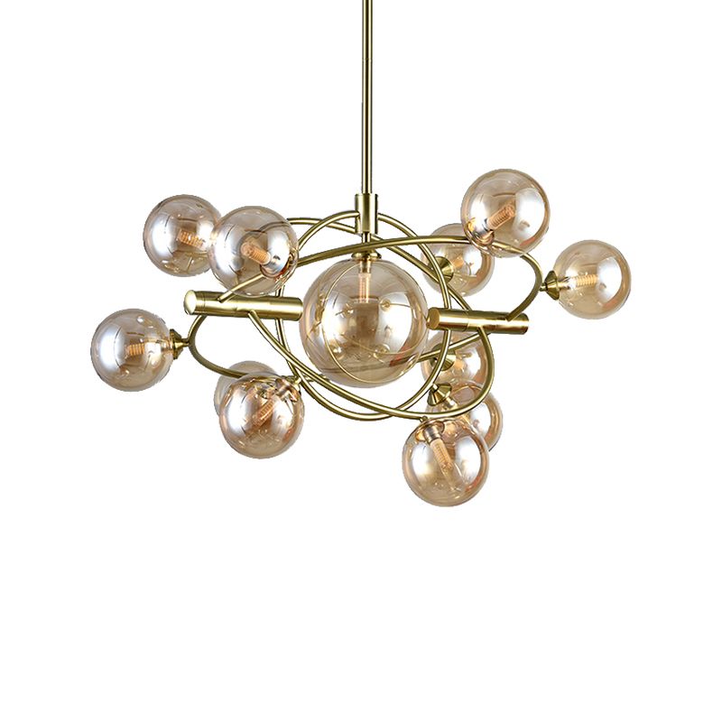 Gold Concentric Ring Pendant Light with Sphere Shade Amber/Clear/Smoke Glass Contemporary Chandelier for Living Room