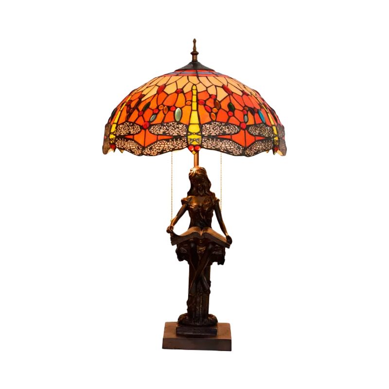 Dragonfly-Edge Night Light 2-Head Yellow/Orange/Green Cut Glass Tiffany Table Lighting with Pull Chain and Girl Pedestal