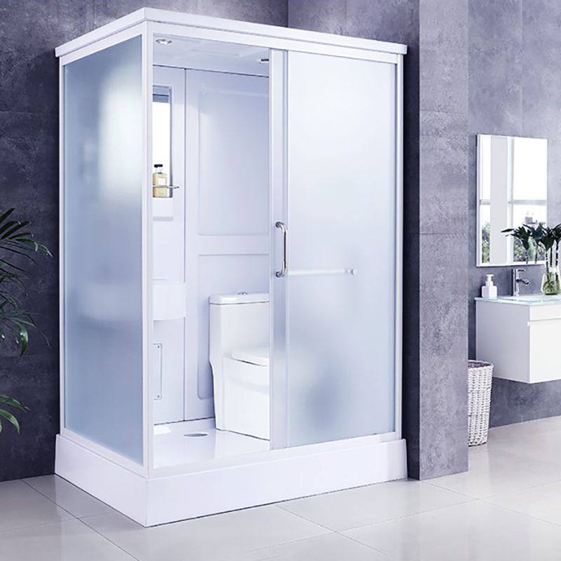 White Framed Frosted Rectangle Shower Stall with Base and Fixed Panel