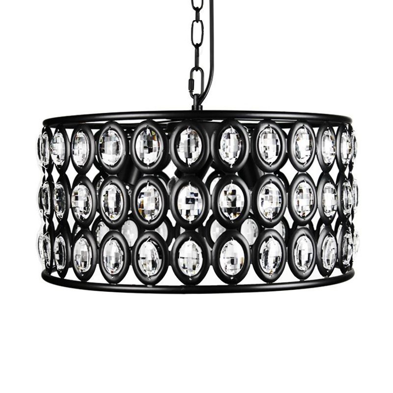 Black Drum Ceiling Lamp Vintage 3 Lights Metal and Crystal Chandelier Light for Living Room