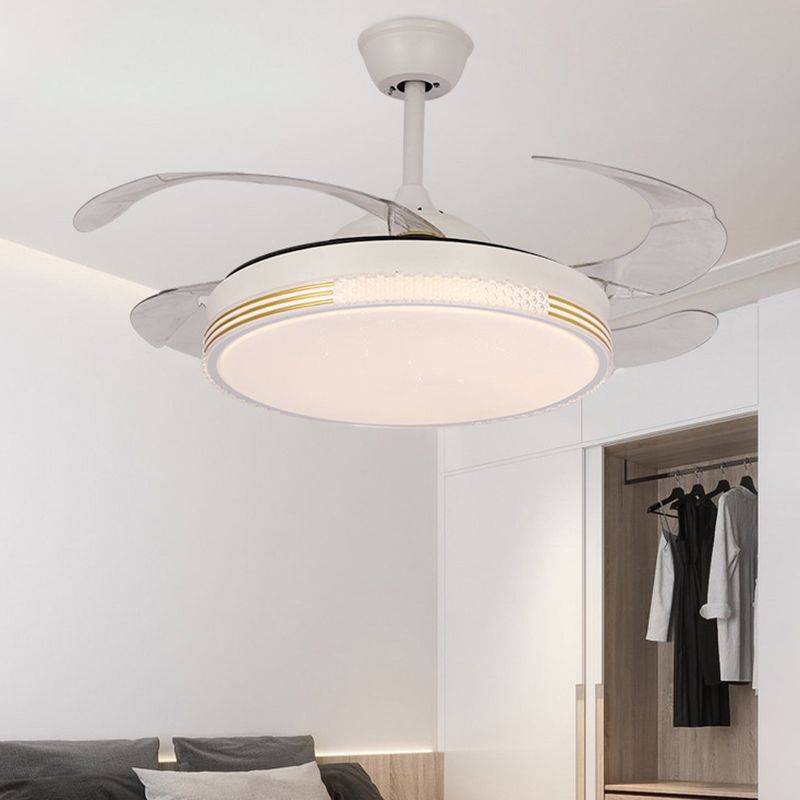 Retractable LED Ceiling Fan Modernism Drum Fan Light in White Finish