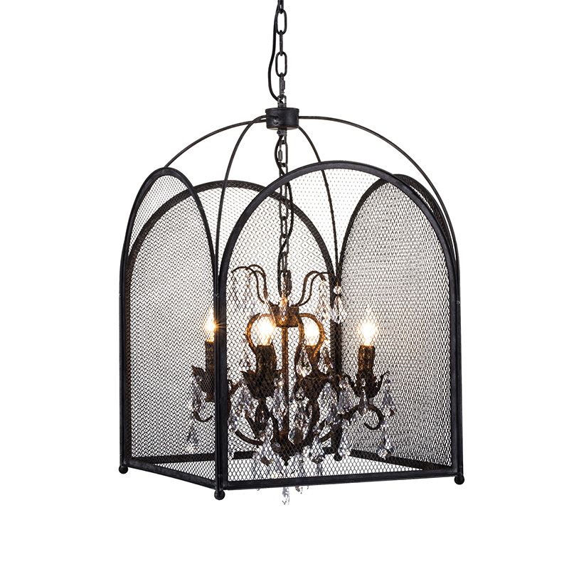 Mesh Cage Chandelier Lamp Modernism Crystal 4 Heads Hanging Light Kit in Black for Living Room