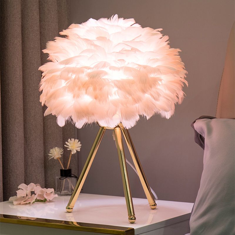 Bloom Nightstand Lamp Nordic Feather Single White/Pink Table Light with White/Gold Tripod for Bedroom