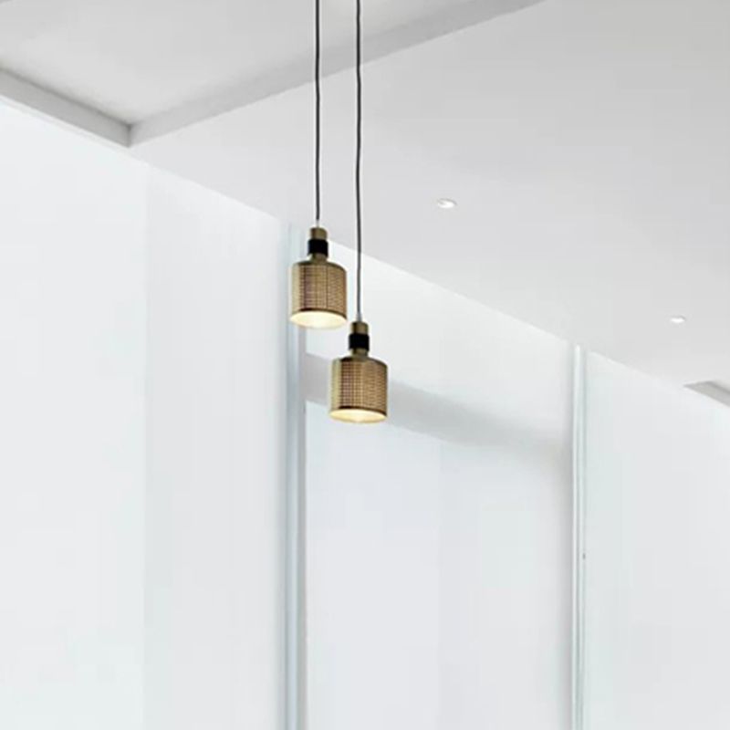 Cylinder Metal Hanging Pendant Light Contemporary 1 Light Black and Gold Suspension Lamp