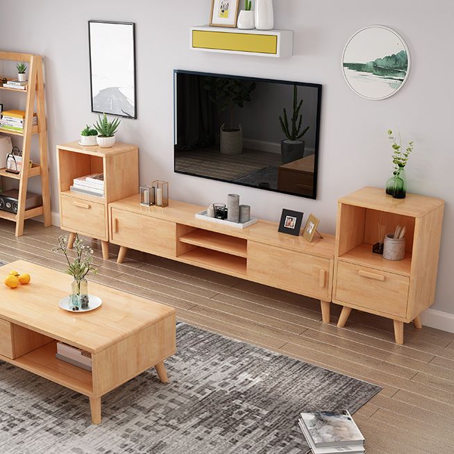 Solid Wood TV Stand in Wood and White , Corner TV Console Sliding Storage