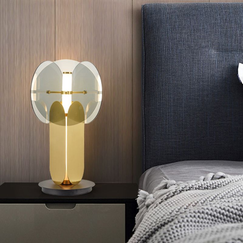 Circular Metal Nightstand Lamp Post-Modern Smoke Gray Glass 1 Light Living Room Table Light in Gold