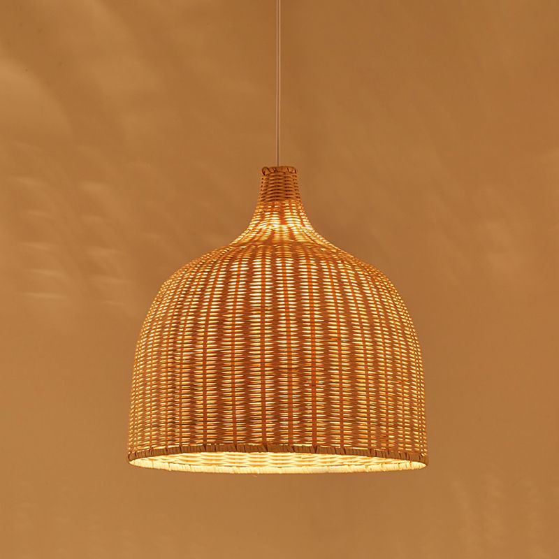 Beige Bowl Ceiling Pendant Lamp Asian 1 Light 11"/18" Wide Bamboo Hanging Light Fixture