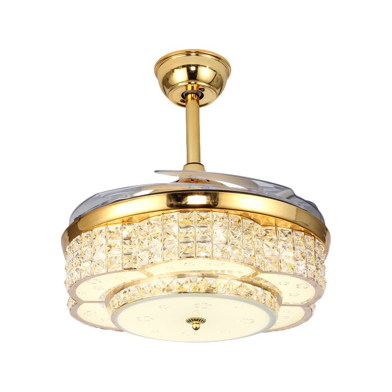 Flower Drawing Room Pendant Fan Lighting Faceted Crystal LED Modernism Semi Flush Light in Gold with 4-Blade, 19" W