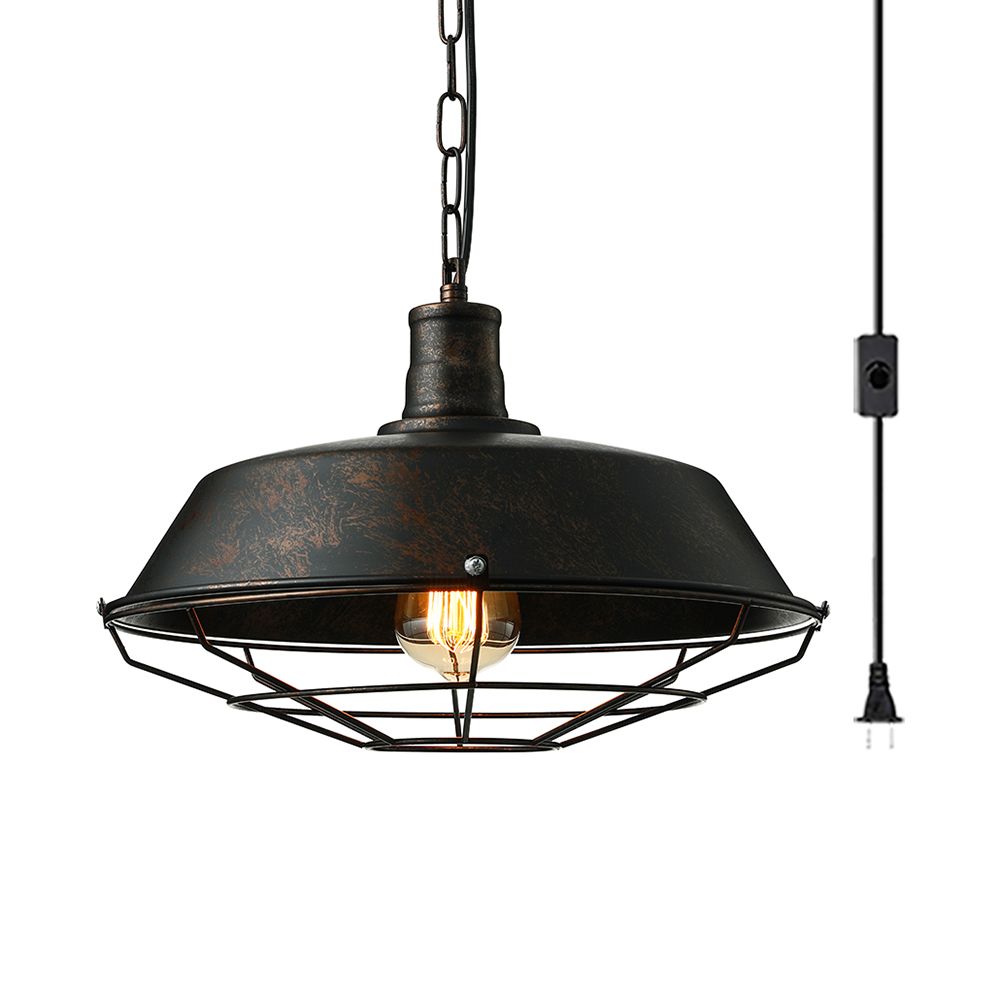 Rust Finish 1 Light Ceiling Light Retro Metallic Barn Pendant Lamp with Wire Guard for Living Room