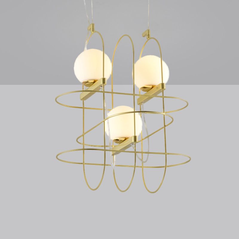 Gold Oval Frame Hanging Ceiling Light Modern 3 Heads Metal Chandelier Lamp with Orb Opal Glass Shade