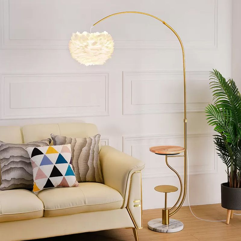 Modern Hemisphere Floor Light Feather Single Living Room Arched Standing Lamp with Tray