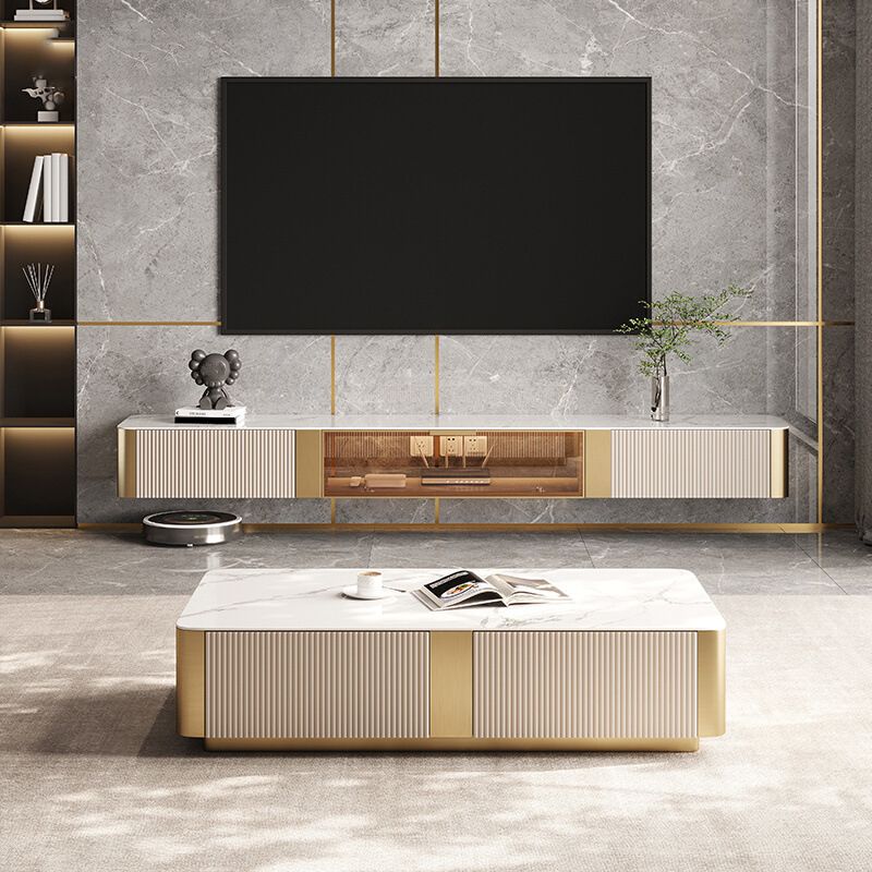 Wall-mounted Stone TV Stand 2 Drawers Glam Style TV Cabinet with Glass Door