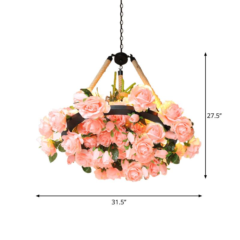 Antique Round Pendant Chandelier 6 Lights Iron Flower Hanging Ceiling Light with Hemp Rope in Yellow/Pink/Light Pink