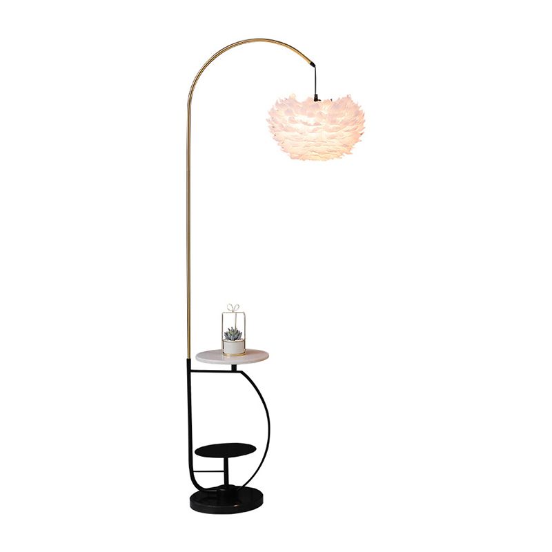 Metal Fishing Rod Standing Light Nordic 1-Light Floor Lamp with 2-Tier Tray and Suspended Feather Shade