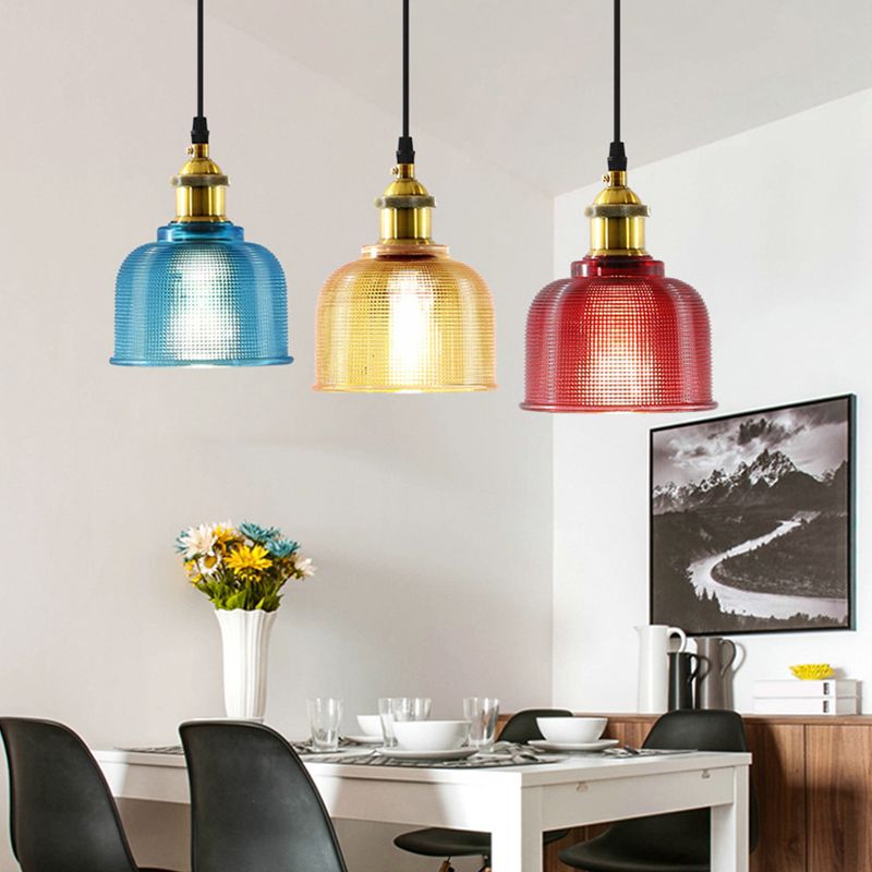 1 Light Pendant Lamp Vintage Industrial Bell Ribbed  Glass Hanging Lamp for Dining Room Table