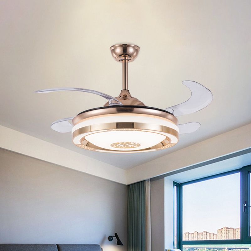 Simplicity LED Semi Flush Gold Circular 4-Blade plafondventilator Lichte armatuur met acrylschaduw, 19 "breed