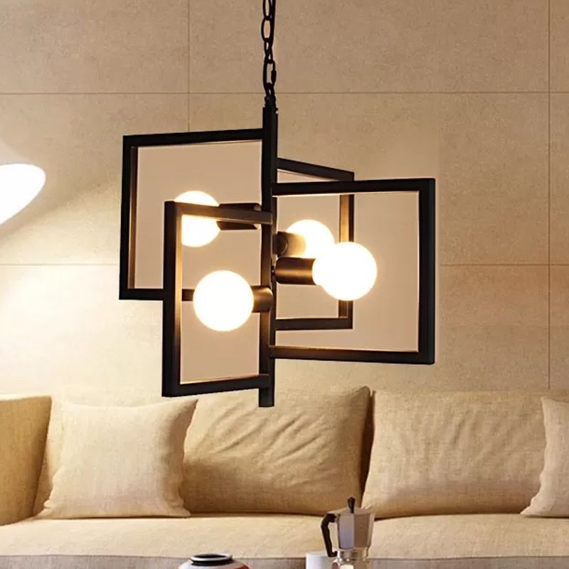 Square Living Room Pendant Chandelier Industrial Iron 4 Lights Black Hanging Light Fixture