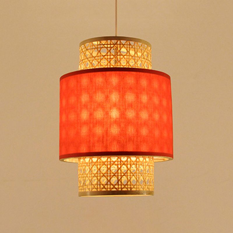 Asian Style 1 Bulb Hanging Light with Bamboo and Fabric Shade Red/White Cylinder Ceiling Light Fixture for Restaurant