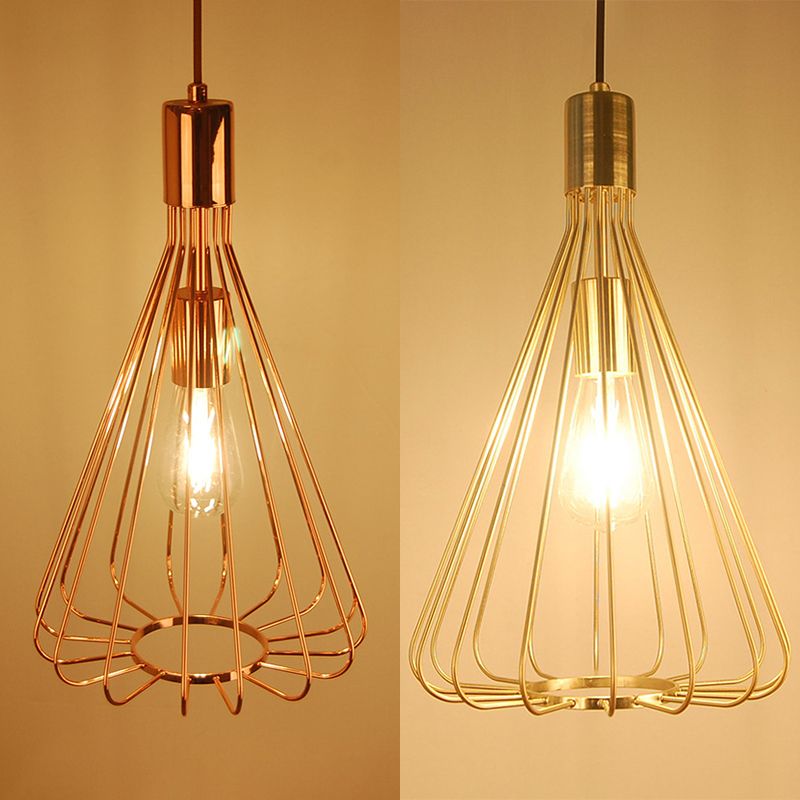 1 Bulb Conical Hanging Light with Cage Shade Vintage Loft Polished Brass/Copper Metallic Pendant Lamp for Kitchen