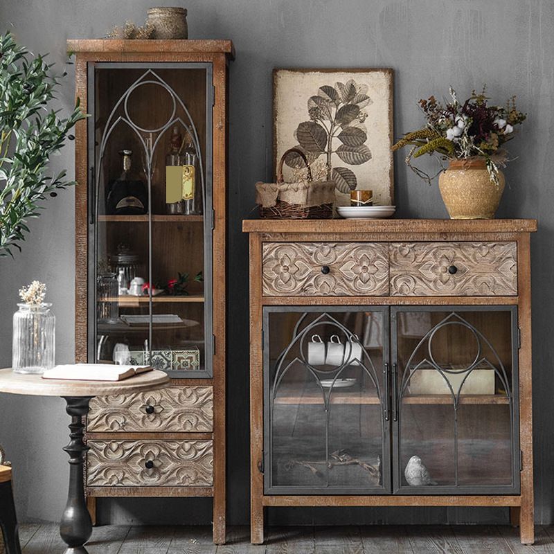 Traditional Solid Wood Display Stand Glass Doors Hutch Buffet for Bedroom