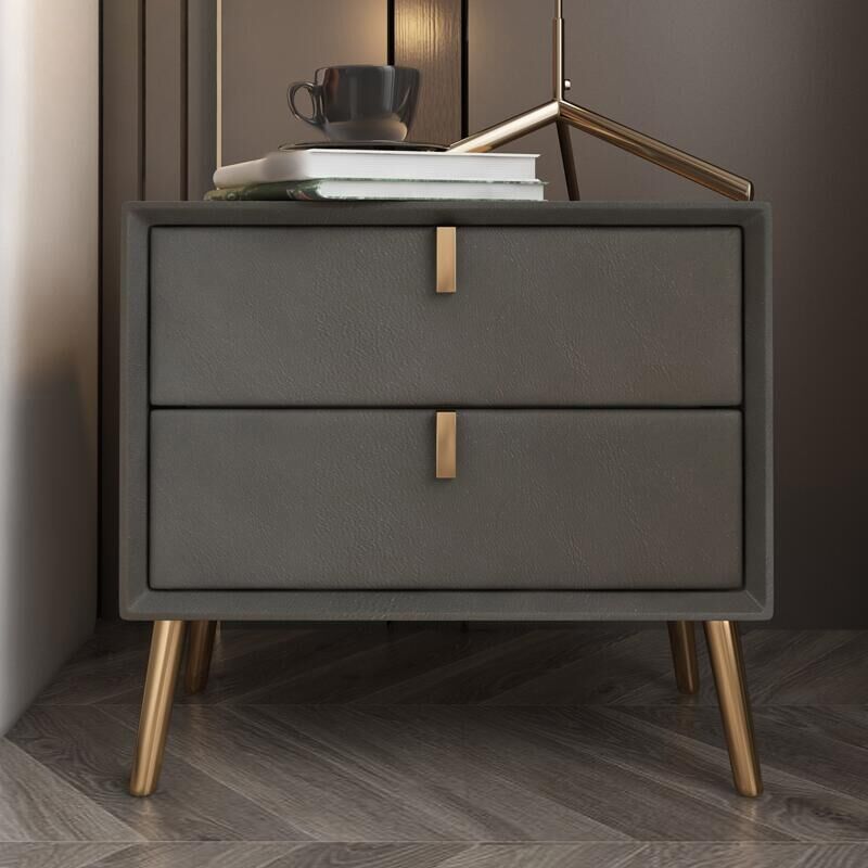 18" H Glam Nightstand 2-Drawer Storage Solid Wood Faux Leather Night Table