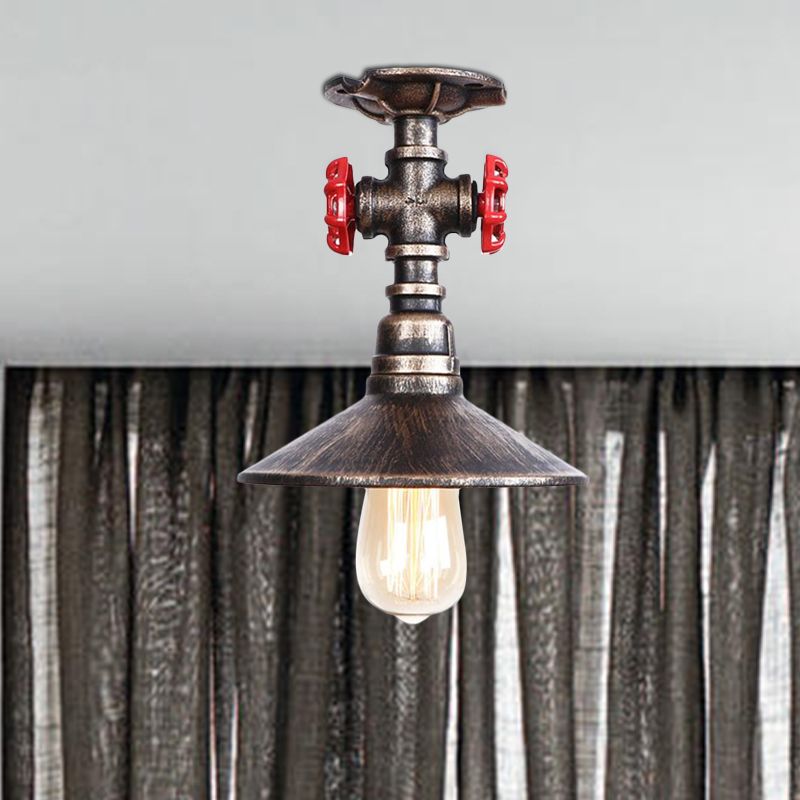 Luz de techo semi-flush de cono de hierro loft industrial 1 lámpara de techo de dormitorio ligero con válvula roja del grifo en negro/bronce