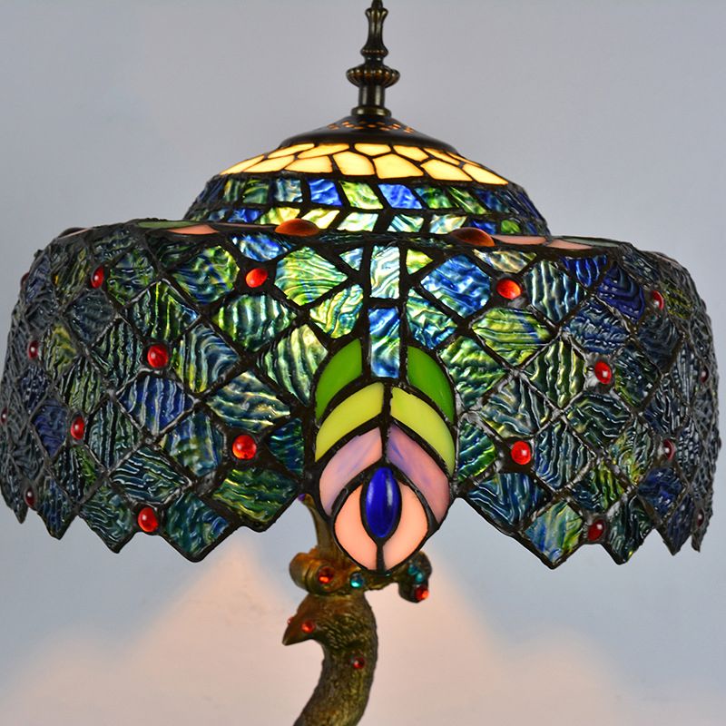 Stained Glass Peacock Feather Night Table Light Tiffany 1 Light Brass Nightstand for Bedside