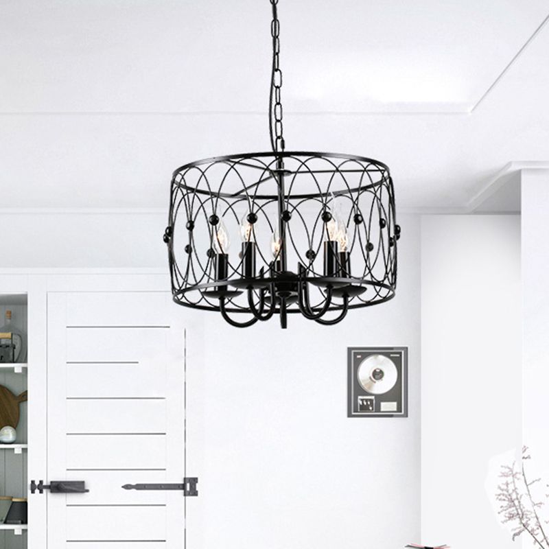 Schwarz -Finish -Trommel hängende Licht mit Käfig Schatten Vintage Style Metal 6 Köpfe Esszimmer Kronleuchter Lampe