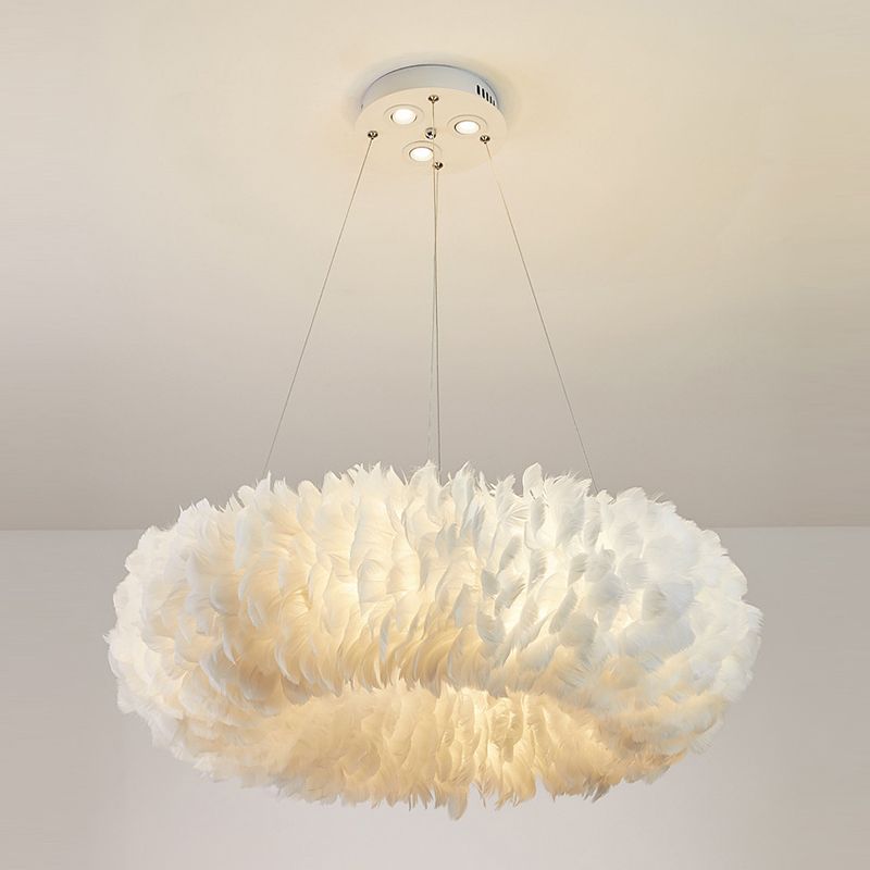 White Feather Chandelier Nordic Style Round Chandelier Pendant for Living Room