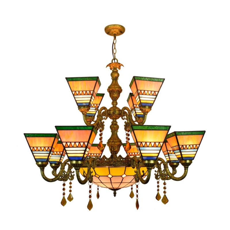 Lustre pyramide vintage industrielle vitrail 12 bras lustre inversé avec bol central