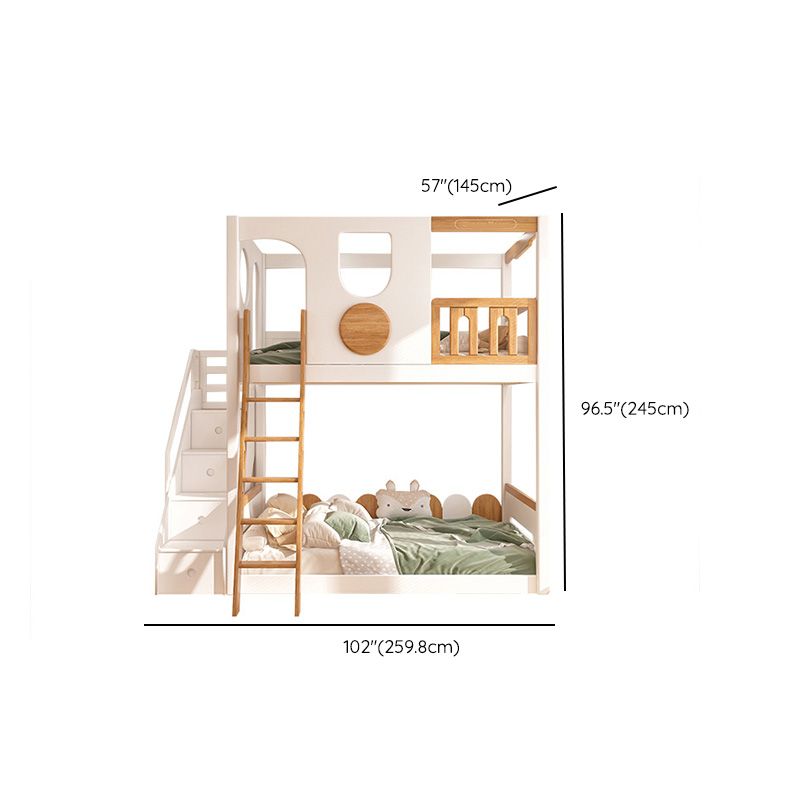 Contemporary White Bunk Bed in Solid Wood with Built-In Ladder