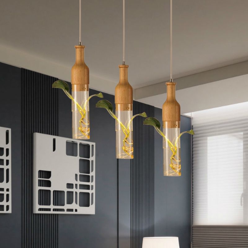 3 Bulbs Clear Glass Multi Light Pendant Industrial Wood Wine Bottle Restaurant Suspension Lighting