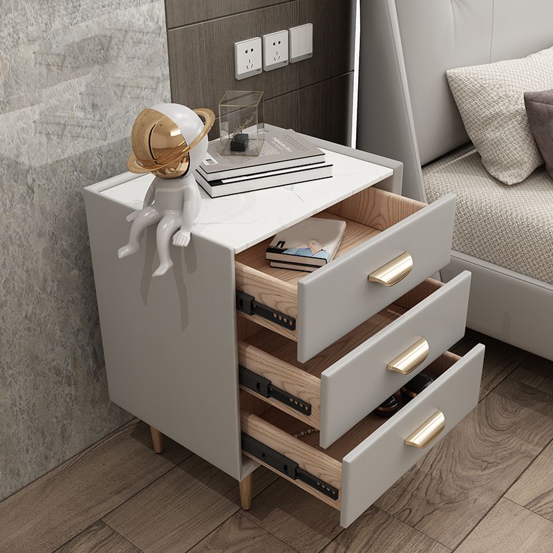 Contemporary Solid Wood Nightstand 3 - Drawer Stone Top Night Table