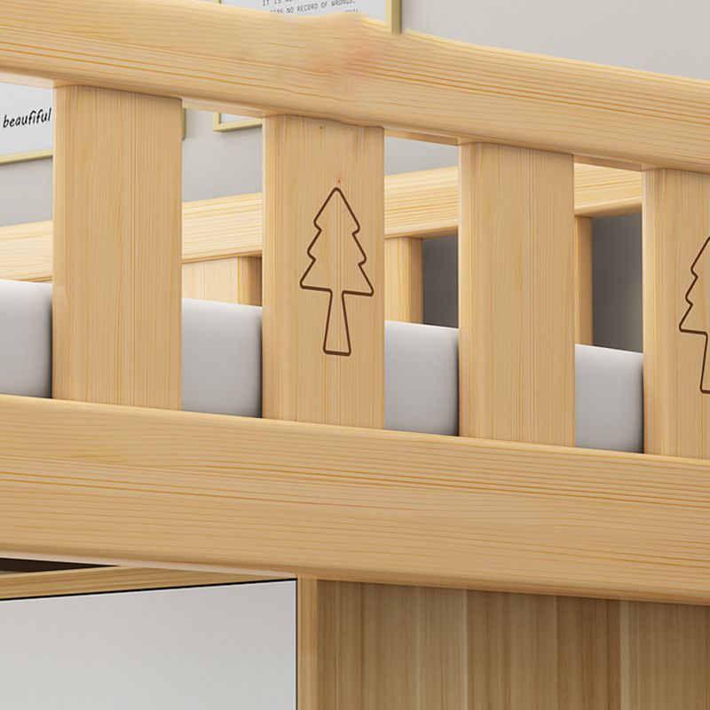 Solid Wood Loft Bed Brown Kids Bed with Built-In Ladder and Guardrail