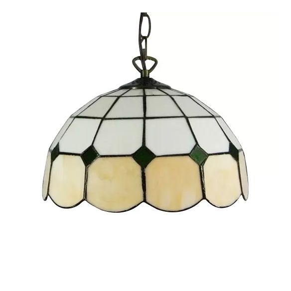 Beige/Orange/Blue Dome Hanging Pendant Light Tiffany 1 Bulb Stained Art Glass Ceiling Hang Fixture for Living Room, 8"/12"/16" W