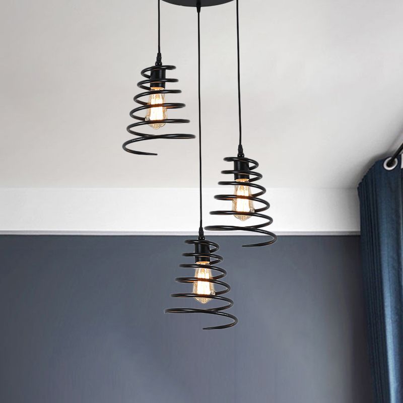 3 Heads Multi Light Pendant Loft Conical Spring Iron Hanging Ceiling Light in Black with Round/Linear Canopy