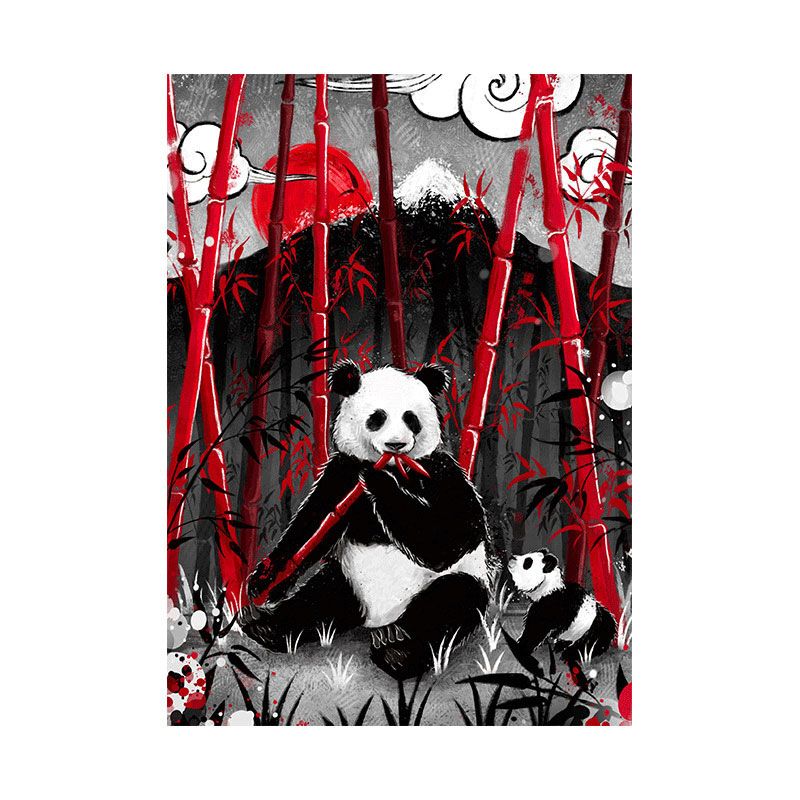 Asian Panda Eating Bamboo Canvas for Great Room Wall Art Prints in Black, Multiple Sizes