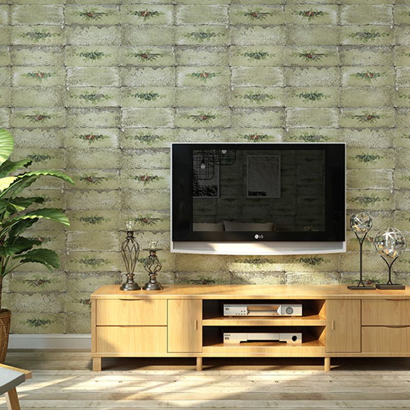 Brick Effect Wall Covering for Coffee Shop Decoration Floral Design Wallpaper in Natural Color, Stain-Resistant